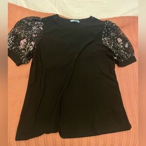 CeCe Black Top with Floral Puff Sleeves